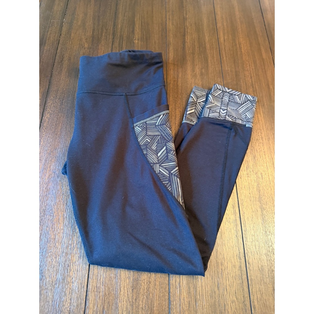 Athleta Womens Black Geometric Mesh Panel Athletic Leggings Size M Pockets